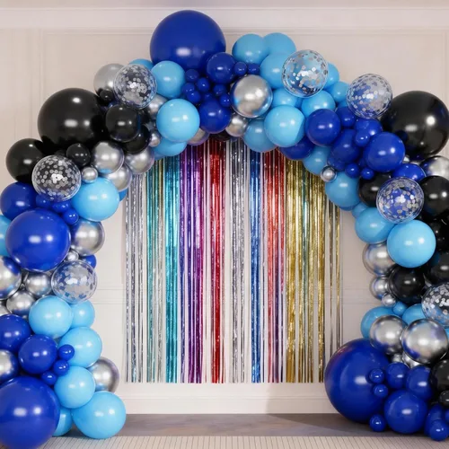 Miniatura 8 de Kit de arco de globos, 146 globos negros, azules, plateados, blancos, de 18, 12, 10, 5 pulgadas, globos de diferentes tamaños para cumpleaños