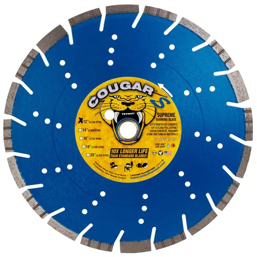 Cougar S Hoja de diamante de hormigón de 12 pulgadas, hoja segmentada suprema, hormigón de alto PSI de corte seco/húmedo, asfalto, hormigón verde,