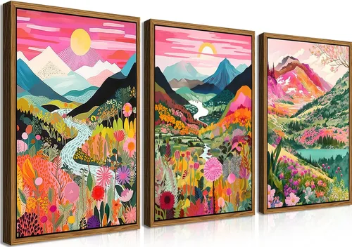 Miniatura 20 de Juego de 3 piezas de arte de pared de montaña colorida boho, pinturas abstractas de paisaje de flores de acuarela, pósters modernos de naturaleza
