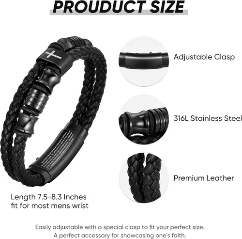 Miniatura 5 de TempBeau Pulsera de cuero negro cristiano para hombres, pulsera de cuero trenzado de doble fila con cruz de fe para hombres, regalo de joyería