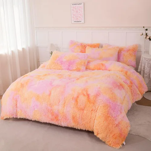 Miniatura 14 de PERFEMET Juego de cama de 3 piezas de felpa azul peluda tamaño queen, estampado de teñido largo, ropa de cama arcoíris de piel sintética para niñas