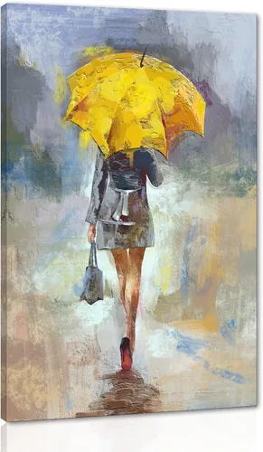 Miniatura 35 de Lienzo abstracto moderno para pared, póster de niña en vestido rojo caminando con paraguas azul, obra de arte para la decoración de pared