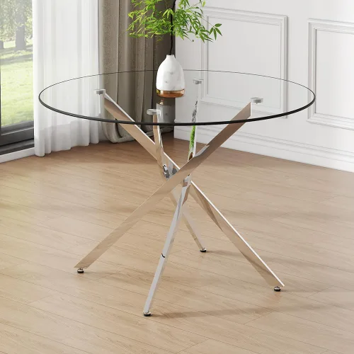 Miniatura 9 de Mesa redonda de comedor de vidrio para 2 a 4, moderna mesa superior de vidrio templado, patas cromadas resistentes, almohadillas ajustables, mesa
