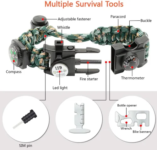 Miniatura 2 de Brazalete de paracord de supervivencia 20 en 1, kit de equipo ajustable con luz LED SOS, arrancador de fuego, brújula más grande, silbato