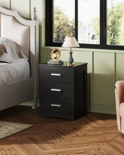 Miniatura 2 de WLIVE Black Night Stand with 3 Drawers, Small Wooden Nightstand, Bed Side Table for Bedroom, Living Room, Dorm, Modern Minimalist Bedside Table