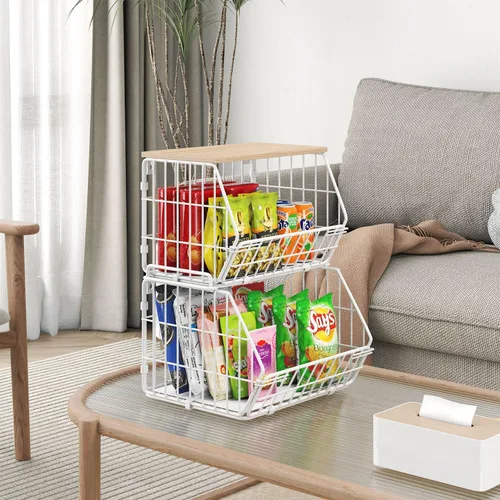 Miniatura 4 de Cesta de frutas apilable de 2 niveles para montar en la pared, cesta de frutas con tapa de madera, organización y almacenamiento de despensa