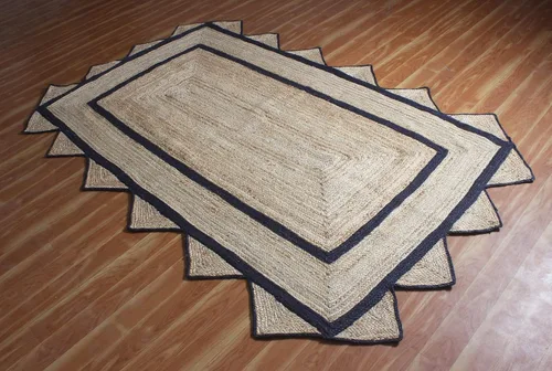 Miniatura 4 de Alfombra de borde festoneado, alfombra tejida a mano de yute natural, 2 x 3 pies, color beige y negro, alfombra de sisal trenzada Kilim para sala