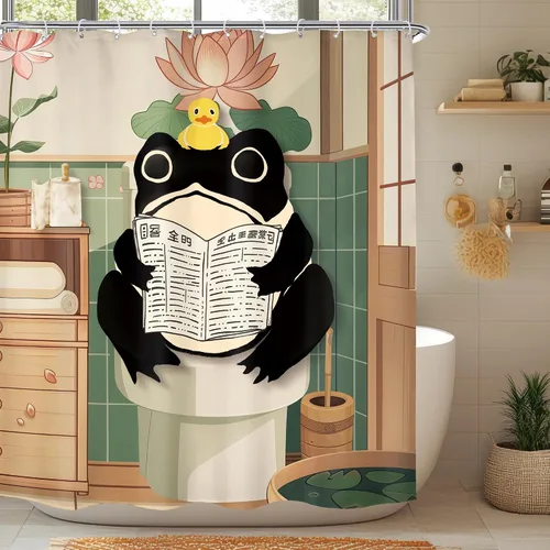 Miniatura 14 de Cortina de Ducha Divertida de Rana Juego de Baño 48 Pulgadas de Ancho x 71 Pulgadas de Alto Lindo Animal Retro Tomando Ducha Patito de Goma