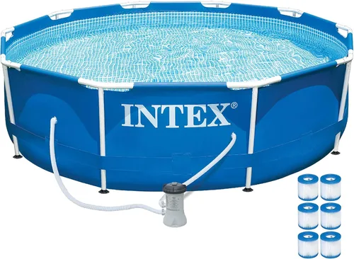 Intex Juego de piscina sobre el suelo con marco de metal para 4 personas con tapón de drenaje, bomba de filtro y 6 cartuchos de filtro de repuesto