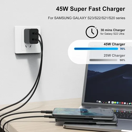 Miniatura 2 de Paquete de 2 cargadores súper rápidos de 45 W tipo C de 10 pies, USB C de carga de pared y cable largo de cargador de teléfono Android para Samsung