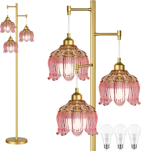 Miniatura 10 de QIYIZM Lámpara de pie para sala de estar, dormitorio, estilo granja, arco, ratán, boho, lámpara de pie con control remoto regulable, pantalla