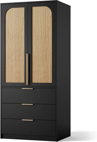 Miniatura 8 de GarveeHome Armario Armario, armario de madera de 69.5 pulgadas con 3 cajones, barra para colgar, armario de almacenamiento de ropa de 2 puertas