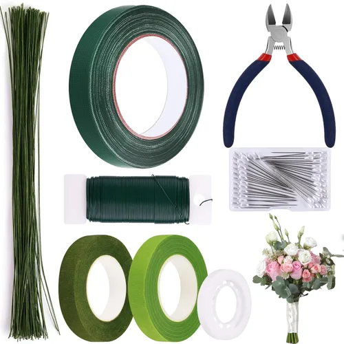 Miniatura 8 de GLAMFIELDS Cinta Floral y Alambre Floral, Kit de Arreglos Florales con Cinta Floral Verde para Ramos, Alfiler de Boutonniere, Cinta Blanca, Cortador