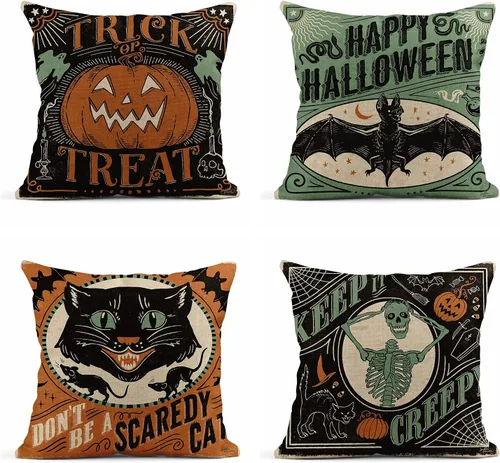 Juego de 4 fundas de almohada de lino de 16 x 16 pulgadas, diseño vintage de Halloween, gatos aterradores, calabazas, esqueletos, decoración del