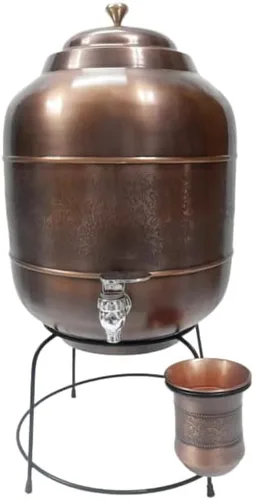 Miniatura 8 de Ornate International Pure Copper Water Dspenser/Matka/Enfriador de agua/Storae Water 14 litros con 11.8 fl oz de vidrio de secuencia media Negro