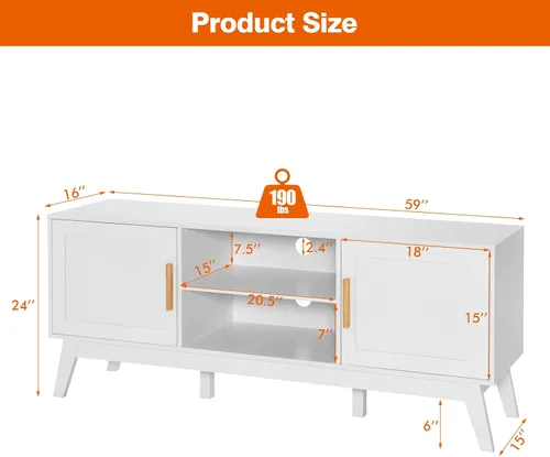 Miniatura 5 de Tangkula Soporte de TV de ratán para televisores de hasta 65 pulgadas, mesa consola de TV multimedia con estante ajustable, gabinetes de 2 puertas