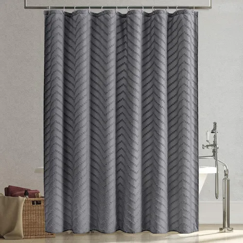 Miniatura 6 de Cortina de Ducha Boho Gris con Textura Tufted a Rayas Chevrón Shabby Chic, Cortinas de Ducha de Tela Texturizada para Baño, Cortina de Ducha