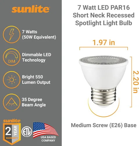Miniatura 2 de Sunlite Bombilla LED PAR16 regulable, de cuello corto, empotrable, 7 vatios, (reemplazo halógeno de 50 W) 500 lúmenes, base E26 media, certificación