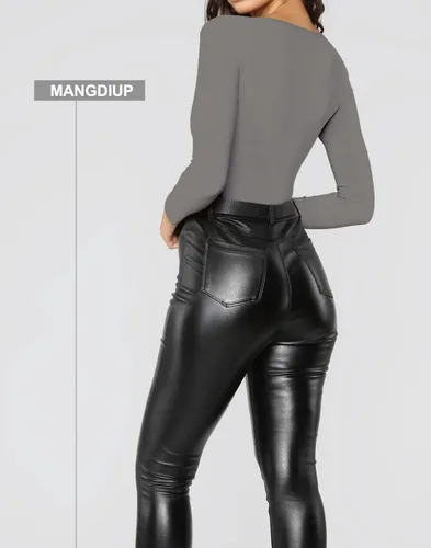 Miniatura 141 de MANGDIUP Body esencial para mujer, cuello redondo, manga larga, ajustado, elástico, de algodón y elastano