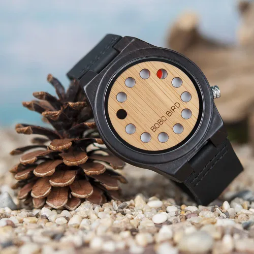 Miniatura 6 de BOBO BIRD Reloj de madera de bambú para hombre con correa de cuero de vaca negra, 12 agujeros, diseño temporizador, relojes deportivos casuales