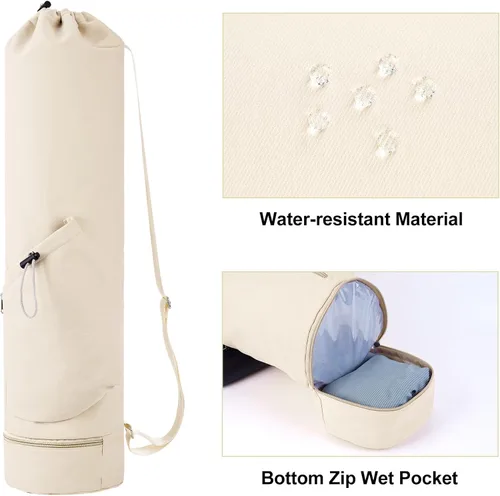 Miniatura 2 de sportsnew Bolsa para esterilla de yoga con bolsillo para botella de agua y bolsillo inferior para artículos mojados, bolsa de transporte para Beige