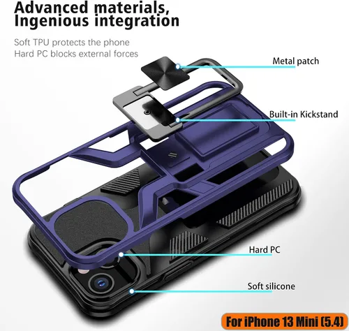 Miniatura 3 de Funda resistente para iPhone 13 Mini, resistente a los golpes, de grado militar, doble protección (TPU+PC), sólida y duradera, funda magnética