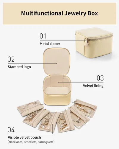 Miniatura 4 de Vlando Joyero de viaje para mujer, joyero de piel sintética con 6 bolsillos de terciopelo con cremallera, cajas de almacenamiento para aretes