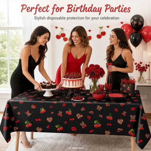 Miniatura 4 de 3 manteles de plástico desechables de 54 x 108 pulgadas, estampado de leopardo rojo y negro con labios rojos, manteles impermeables para cumpleaños