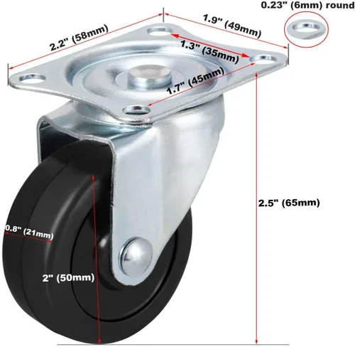 Miniatura 6 de Ruedas giratorias de 2.0 in, base de goma con placa superior y rodamiento, 2