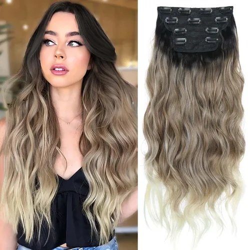 Miniatura 8 de 4 piezas de extensiones de cabello rizado con clip, color dorado oscuro, mezcla de rubio beige, sintético de 20 pulgadas de largo, extensiones