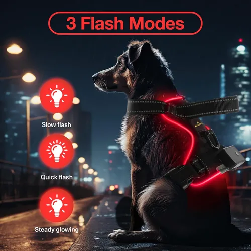 Miniatura 2 de MASBRILL Arnés para perro con luz LED, sin tirones, recargable y ajustable, para perros pequeños, medianos y grandes Negro-rojo
