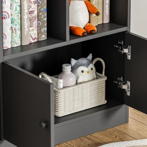 Miniatura 5 de DIYART Estantería negra para niños, estantería para niños con 7 cubos y 2 gabinetes, estantes independientes de almacenamiento para dormitorio, sala
