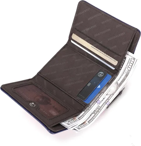 Miniatura 4 de Montana West Cartera para mujer con bloqueo RFID y bolsillo para monedas con cremallera, A azul, Vintage