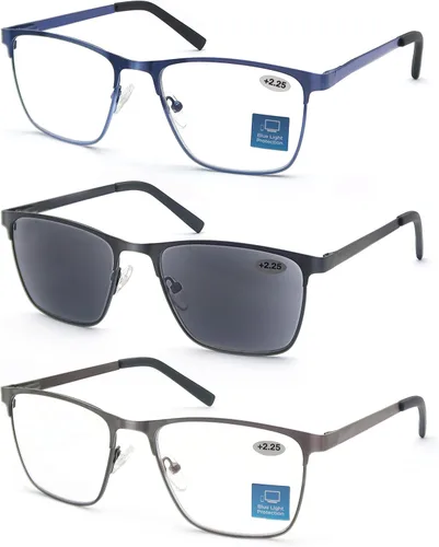 Miniatura 9 de MODFANS Gafas de lectura para hombre, lentes de bloqueo de luz azul, lectores cuadrados de metal, material de acero inoxidable, antifatiga