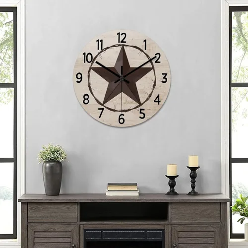 Miniatura 6 de Reloj de pared rústico de estilo retro clásico con estrella de Texas occidental, reloj de madera, silencioso, sin tictac, funciona