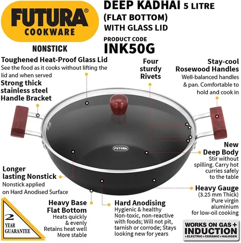 Miniatura 3 de Hawkins Futura Kadhai de 5 litros de profundidad, Kadai antiadherente con tapa de cristal, fondo plano de inducción, Kadhai, color negro (INK50G)