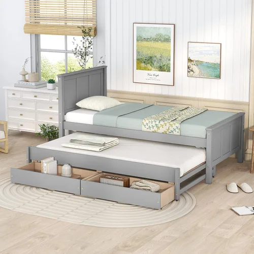 Miniatura 17 de RUNNA Elegante cama de plataforma de tamaño Queen con estantes extraíbles, cama de almacenamiento de madera con nido de tamaño individual