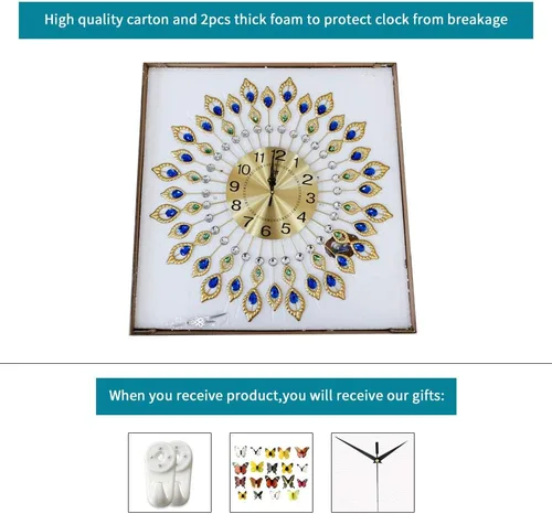 Miniatura 7 de Reloj de pared grande y moderno para decoración de sala de estar, reloj de pared de cristal decorativo de 24 pulgadas estilo pavo real, operado