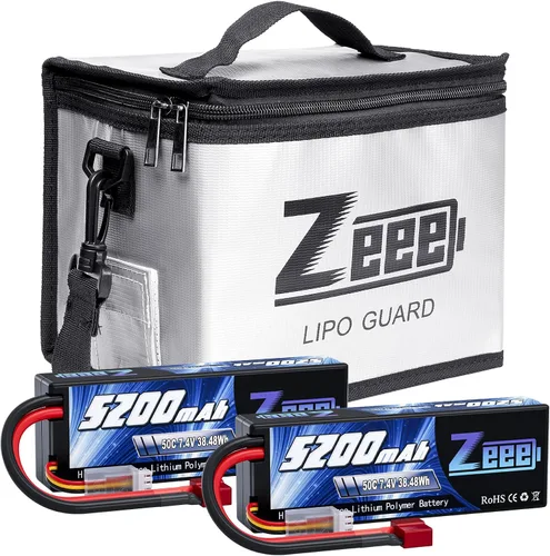 Zeee 2S Lipo Battery 5200mAh 7.4V 50C Estuche rígido Batería Conector T Paquete de 2 baterías con 1 bolsa de seguridad Lipo Bolsa ignífuga a prueba