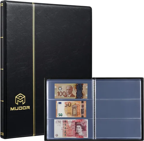 Miniatura 8 de Soportes para billetes de dólar para coleccionistas, álbum de divisas con 10 hojas de fundas para billetes de dólar, 60 bolsillos para Página negra