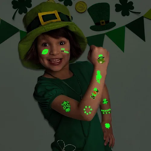 Miniatura 4 de 36 hojas de tatuajes temporales luminosos del día de San Patricio para mujeres, hombres y niños, trébol verde para el día de San Patricio tatuajes