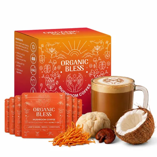 Miniatura 10 de Organic Bless Café instantáneo de hongos con melena de león, reishi y cordyceps – Leche de coco y aceite MCT para una energía suave y concentración