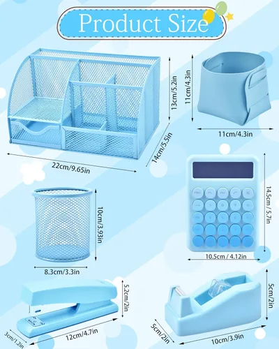 Miniatura 6 de 23 accesorios de escritorio azules y organizadores con organizador de malla, calculadora dispensadora de cinta y un montón de suministros de oficina