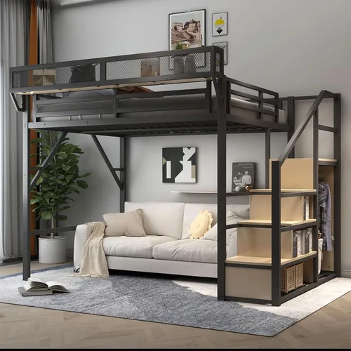 Miniatura 13 de Cama alta convertible de tamaño individual con escaleras de almacenamiento, estantes y armario, marco de cama de metal con barandilla de seguridad