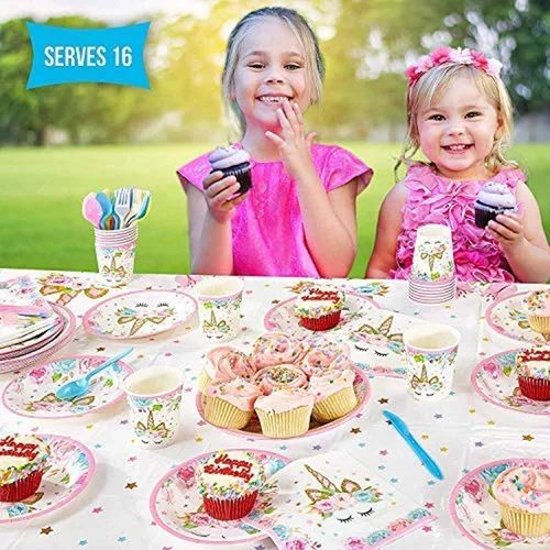 Miniatura 8 de suministros de fiesta de cumpleaños incluyendo platos, tazas, popotes y manteles para fiesta de cumpleaños, servicio para 16 invitados