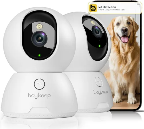 BoyKeep - Cámaras 2K para seguridad del hogar, paquete de 2 cámaras interiores con visión nocturna, cámara para mascotas interior con aplicación