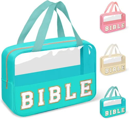 Miniatura 11 de izuzta Bolsas de maquillaje transparentes tipo tote con letras de chenilla, bolsa de maquillaje preppy con asa, Moda
