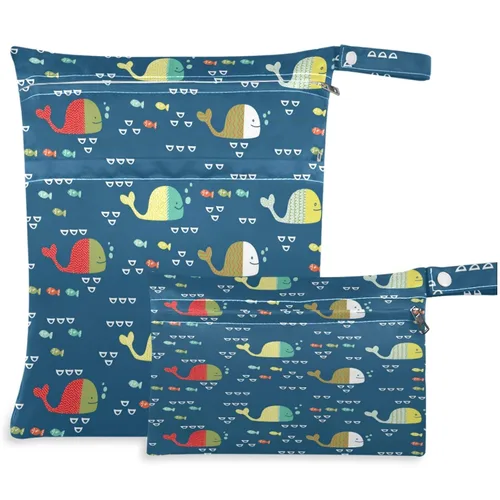 visesunny Bolsa húmeda divertida de ballenas y peces coloridos para niños, 2 piezas, con bolsillos con cremallera, lavable, reutilizable, espaciosa