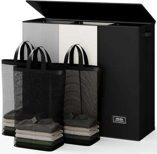 Miniatura 20 de SOLEDI Cesta de ropa sucia de 180L de 3 secciones, cesta de ropa sucia extra grande con tapa, cesta de ropa sucia con asa resistente, organizador