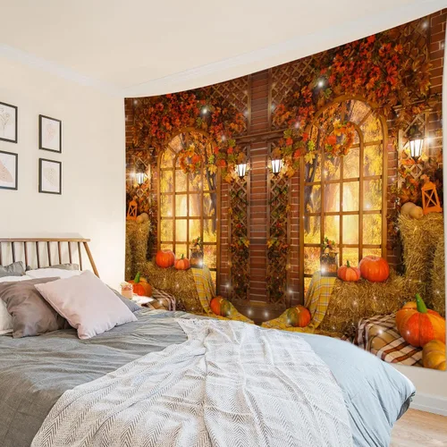 Miniatura 4 de HVEST Tapiz de otoño para colgar en la pared, diseño rústico de calabaza, Acción de Gracias, bosque de arce, paisaje natural para sala de estar